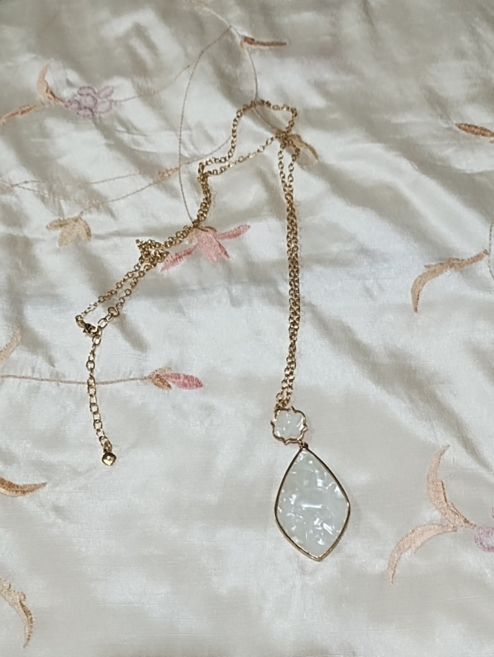 Gold Necklace with White Mother-of-Pearl Teardrop Pendant